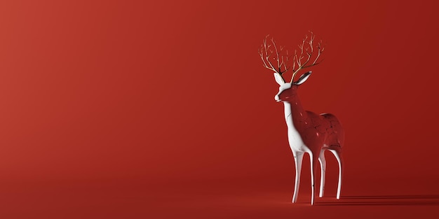 White ceramic reindeer statue sculpture on red background for Christmas and New year party with copy space Holiday and seasonal concept 3D illustration rendering