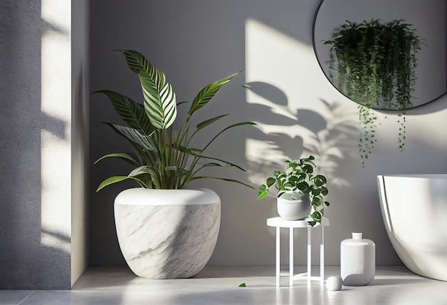 White ceramic side table beside a marble bathtub in a modern bathroom with green plants AI Generated