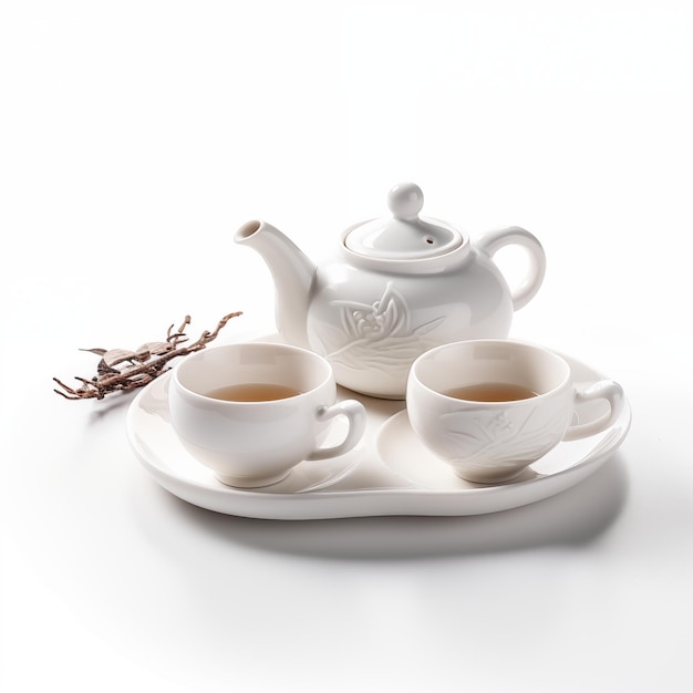 Photo white ceramic teapot with two cups on tray set against white background