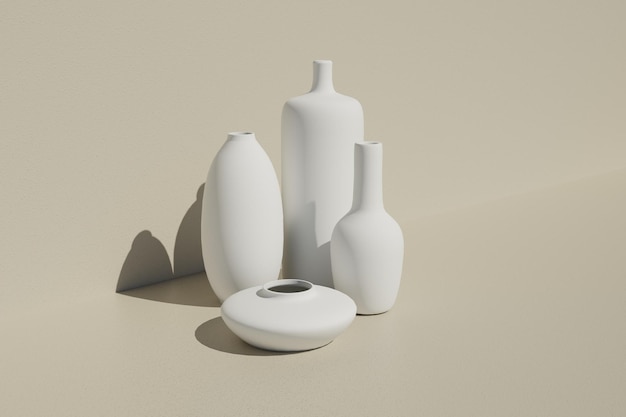 White ceramic vases decor on sunset 3d render