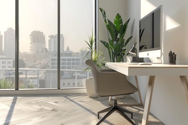 a white chair in front of a window with a view of a city