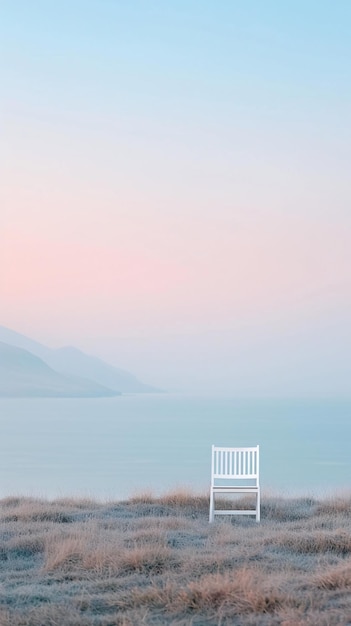 Photo white chair on frosty grass by a serene lake with pastel sky at dawn