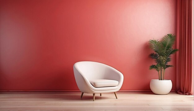 a white chair and a plant in a white vase are in front of a red wall