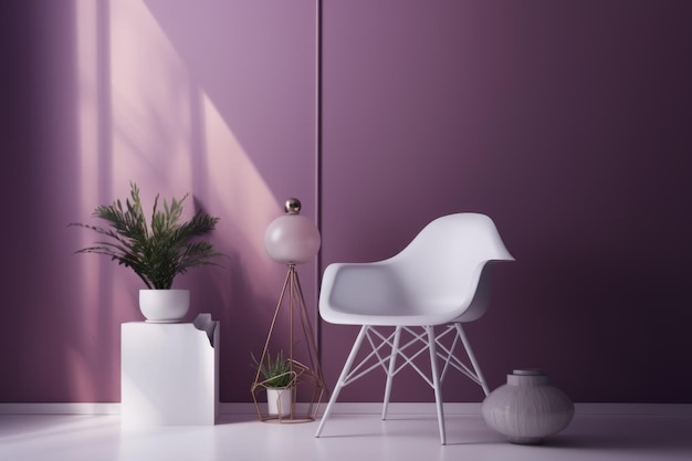 A white chair in a purple room with a plant on the side