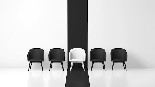 Photo white chair that stands out from the black chairs crowd on a white black studio background business