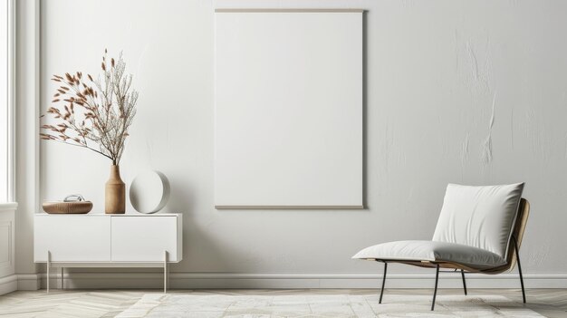 a white chair and a white chair in front of a wall with a white picture frame