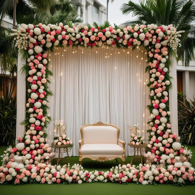 a white chair with a gold bow sits in front of a white curtain that says  boquet