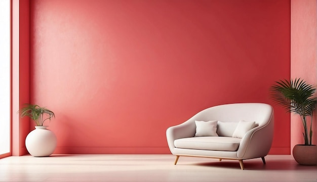 a white chair with a gold stand in front of a red wall