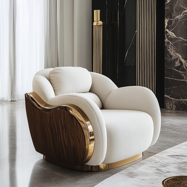 Photo a white chair with a gold trim is in a room with a large marble floor