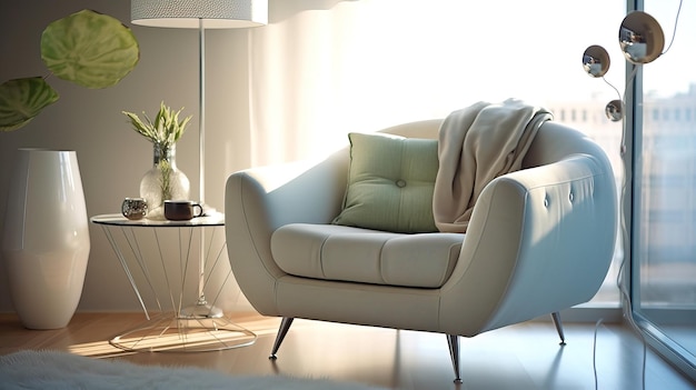 A white chair with green pillows and a white blanket sits in a living room with a lamp and a vase of flowers.