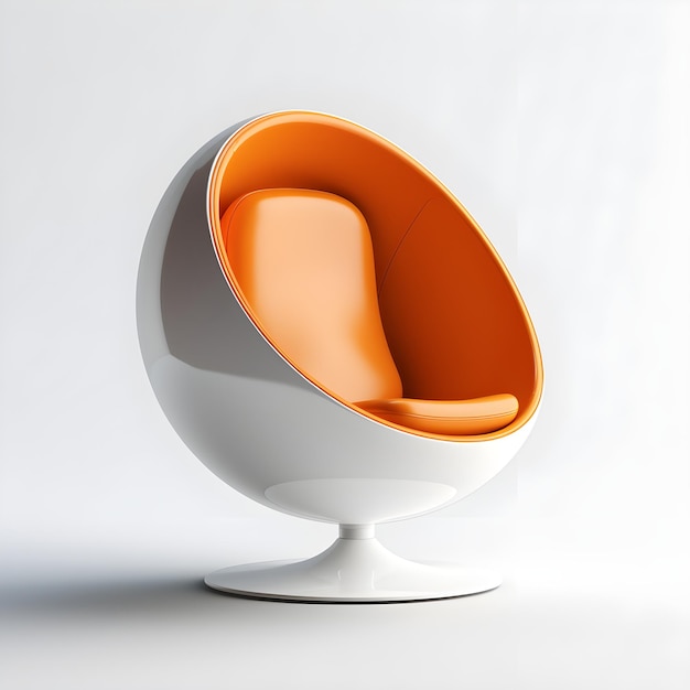 A white chair with an orange cushion sits against a white background.