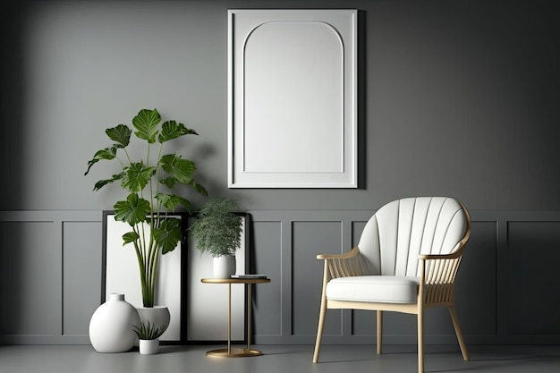 A white chair with a white cushion sits in front of a white framed mirror.