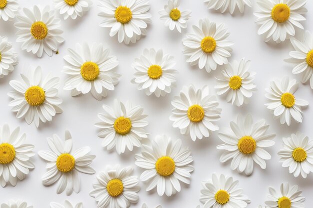 White chamomile daisy floral pattern on white background Daisy background top view