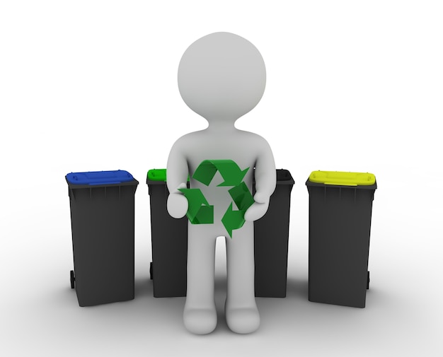 White character in front of trash can and recycling symbol