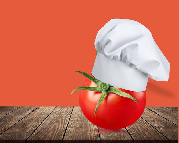 White chef hat with tomato on the desk