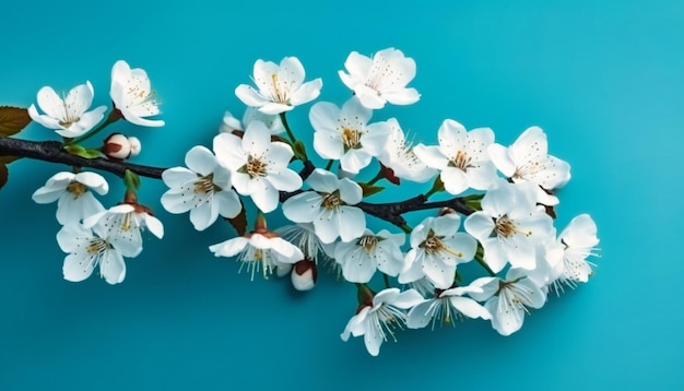 White cherry blossom on blue background