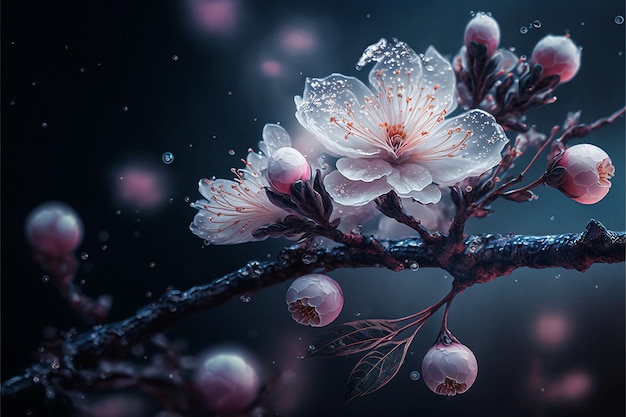 White cherry flowers with water drops close up