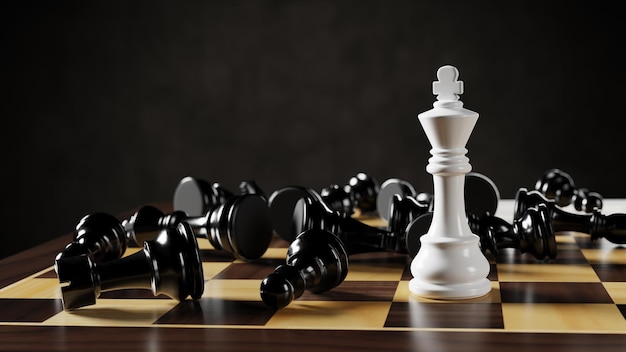 White chess king among lying black pawns on a chessboard 3D rendering illustration