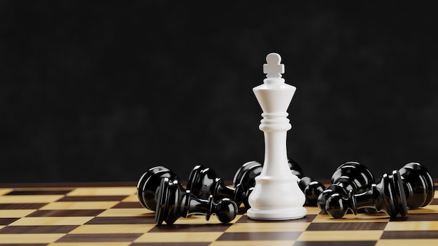 White chess king among lying black pawns on a chessboard 3D rendering illustration