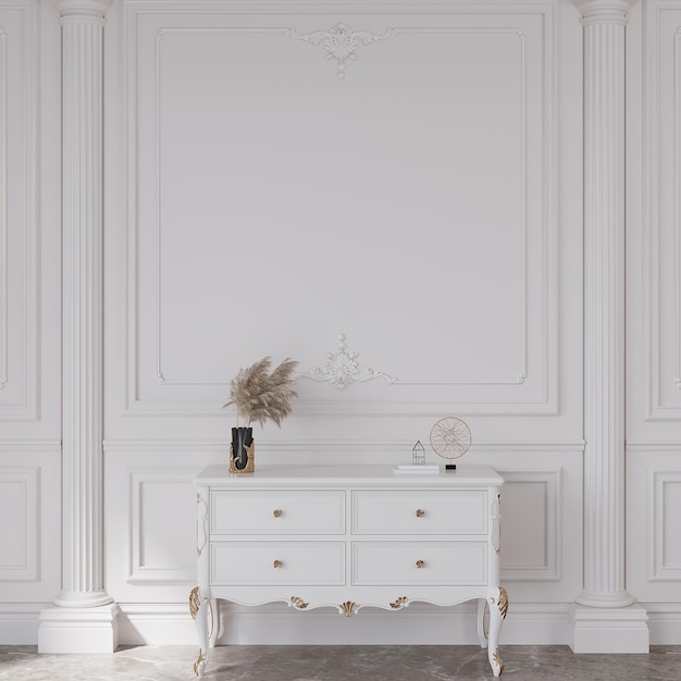 A white chest of drawers with a clock on it