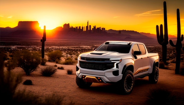 A white chevrolet silverado truck is parked in a desert at sunset