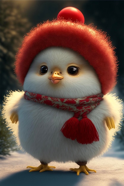 White chicken wearing a red hat and scarf generative ai