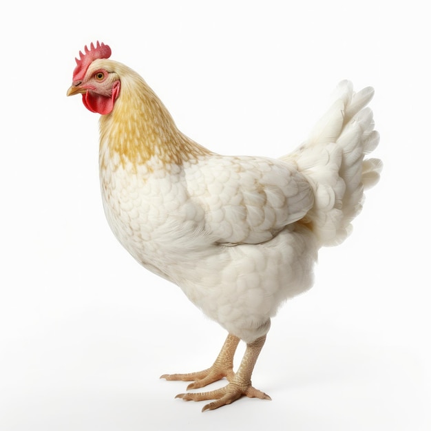 A white chicken with a red comb and a red comb