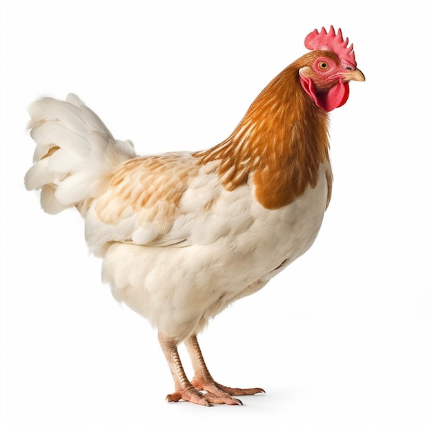 A white chicken with a red comb and a white head.