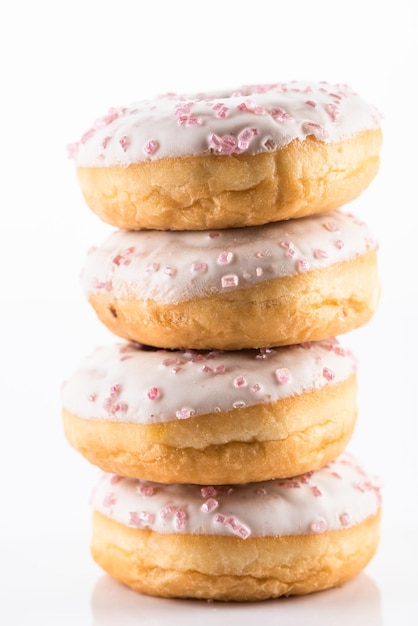 White Chocolate Donut or Dougnut Tower on White Background