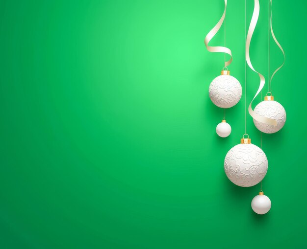 Photo white christmas balls on a green background with a copy space