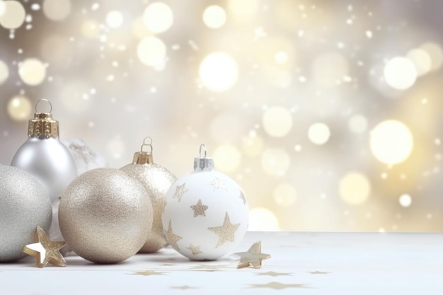 White christmas baubles decoration on blurred background with lights Minimal style AI generated