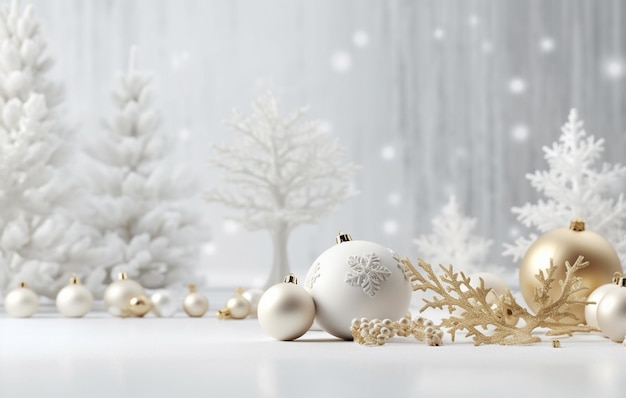 White christmas ornaments in a snowy scene with snow and trees in the background