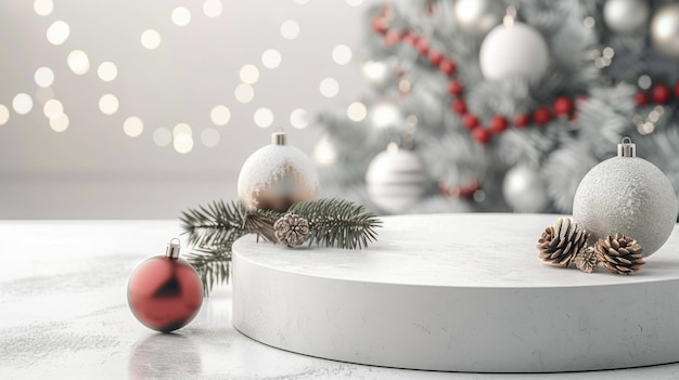 White Christmas Product Display with Pine and Ornaments