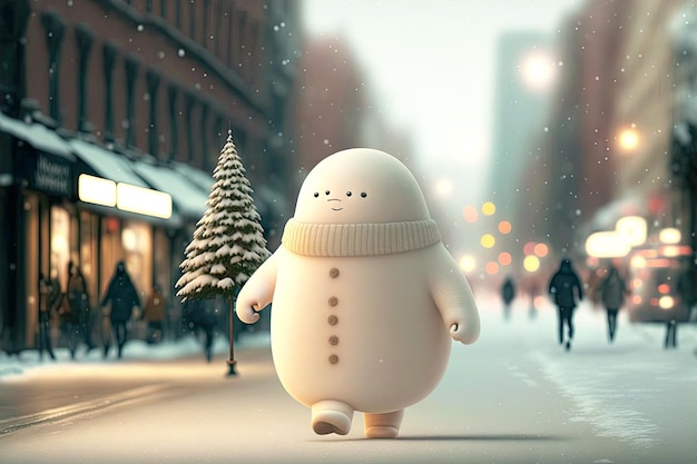 White christmas tree cute character walking in town