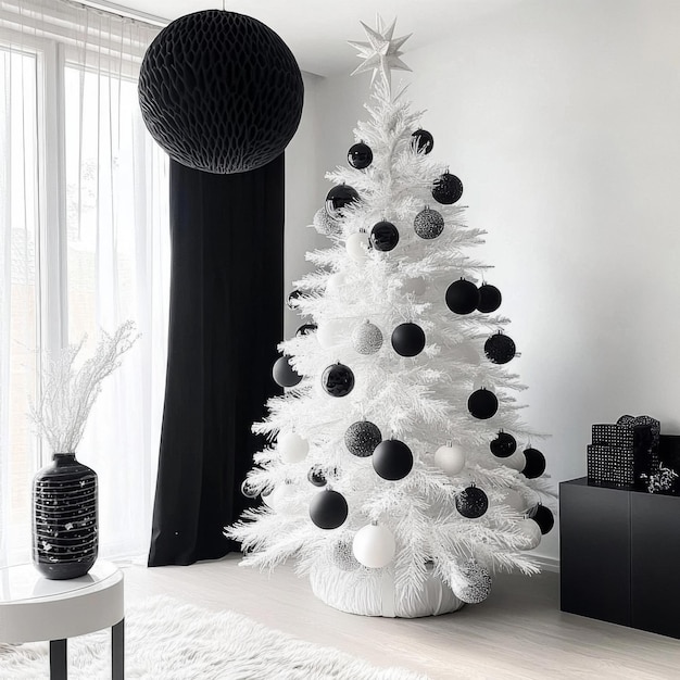 Photo white christmas tree decorated with black ornaments in a modern room