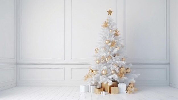 White christmas tree decorated with gold and silver toys in a white room at generated