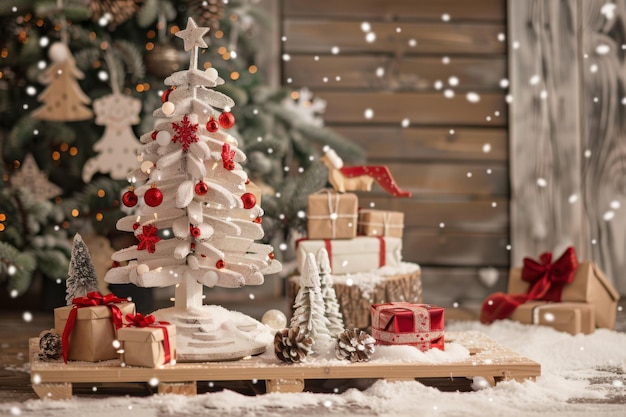 Photo white christmas tree with red decorations and presents in a snowy setting a cozy and festive