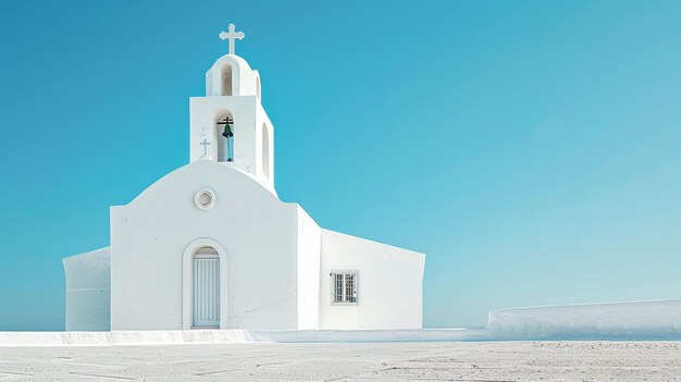 White Church Against Clear Blue Sky Minimalist Architecture Image