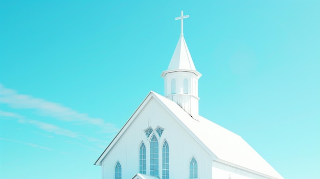 White Church Against Clear Blue Sky with Cross Beautiful Traditional Architecture