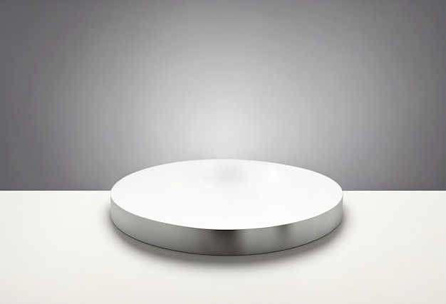 A white circle is on a white table with a grey background.