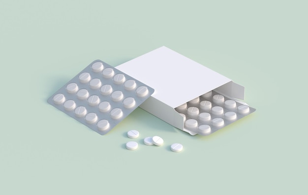 White circle pills in blister pack in cardbox packaging Mockup template 3d rendering