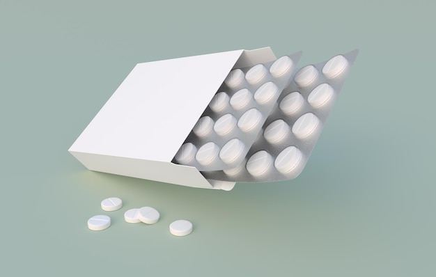 White circle pills in blister pack in cardbox packaging Mockup template 3d rendering