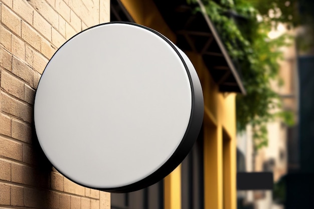 White circle signboard mockup in outside for logo design, brand presentation, advertising, shops.