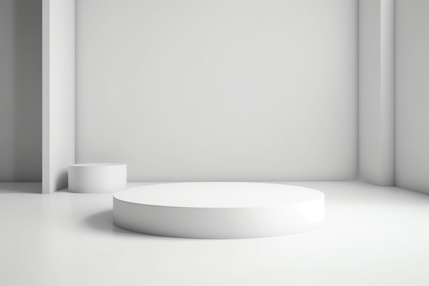 A white circle with two round stands in front of a white wall.