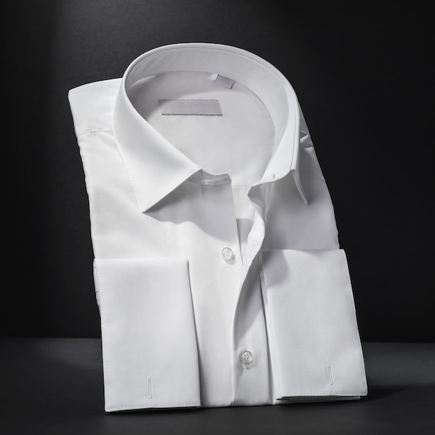 White classic folded long sleeve mens shirt on a dark background closeup