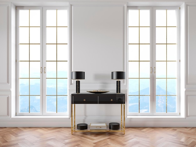 White classic interior with dresser lamps moldings window and wooden floor