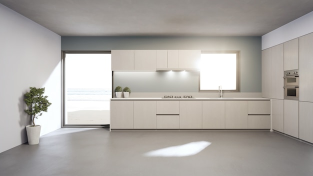 White clean counter and wooden cabinet of modern sea view kitchen in luxury beach house.