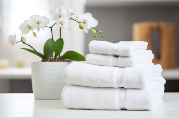 White clean towels on a table in the bathroom Generative Ai