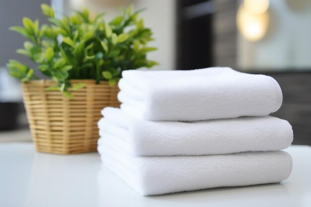 White clean towels on a table in the bathroom Generative Ai