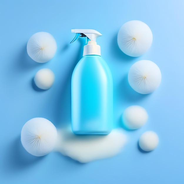 White cleaning spray on a blue background Minimal composition Cleaning service concept